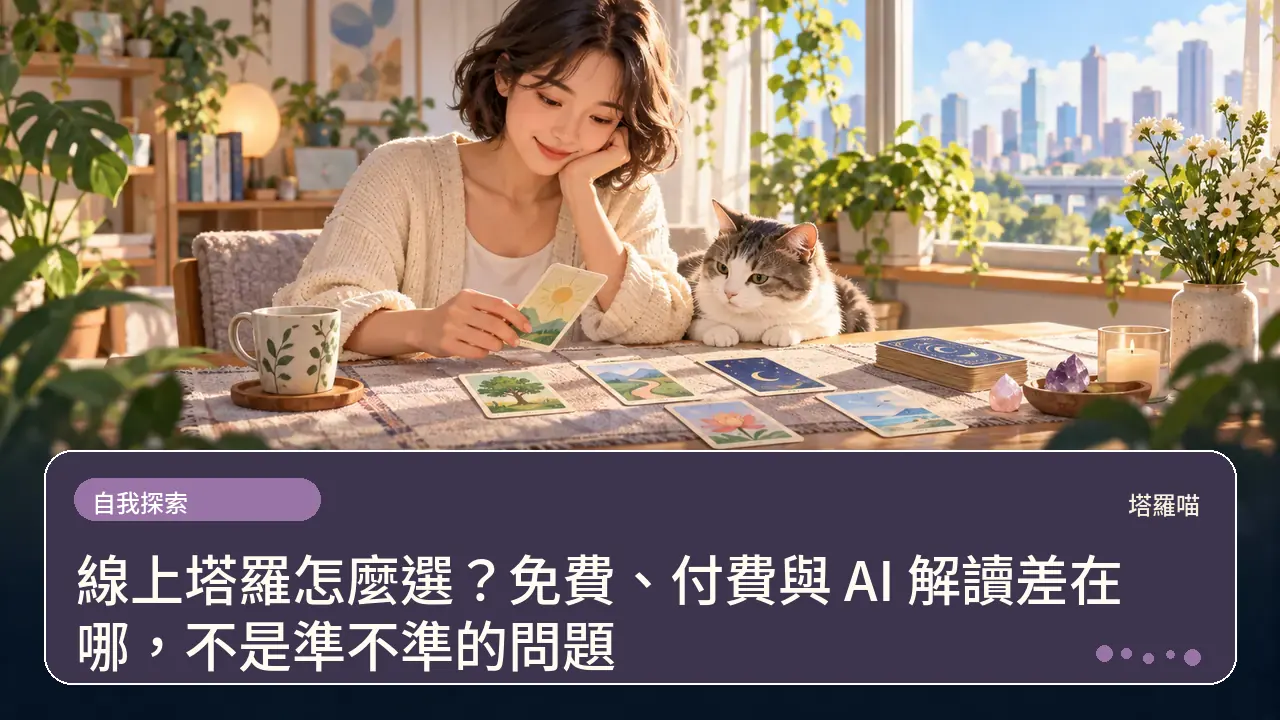 線上塔羅怎麼選?免費、付費與 AI 解讀差在哪,不是準不準的問題主題插畫