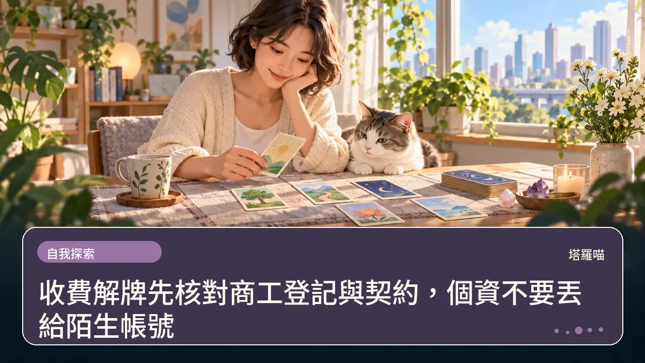 收費解牌先核對商工登記與契約,個資不要丟給陌生帳號主題插畫