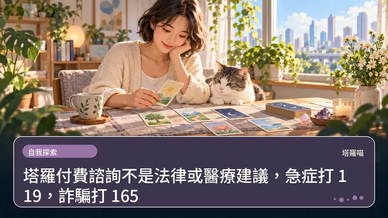 塔羅付費諮詢不是法律或醫療建議，急症打 119，詐騙打 165主題插畫